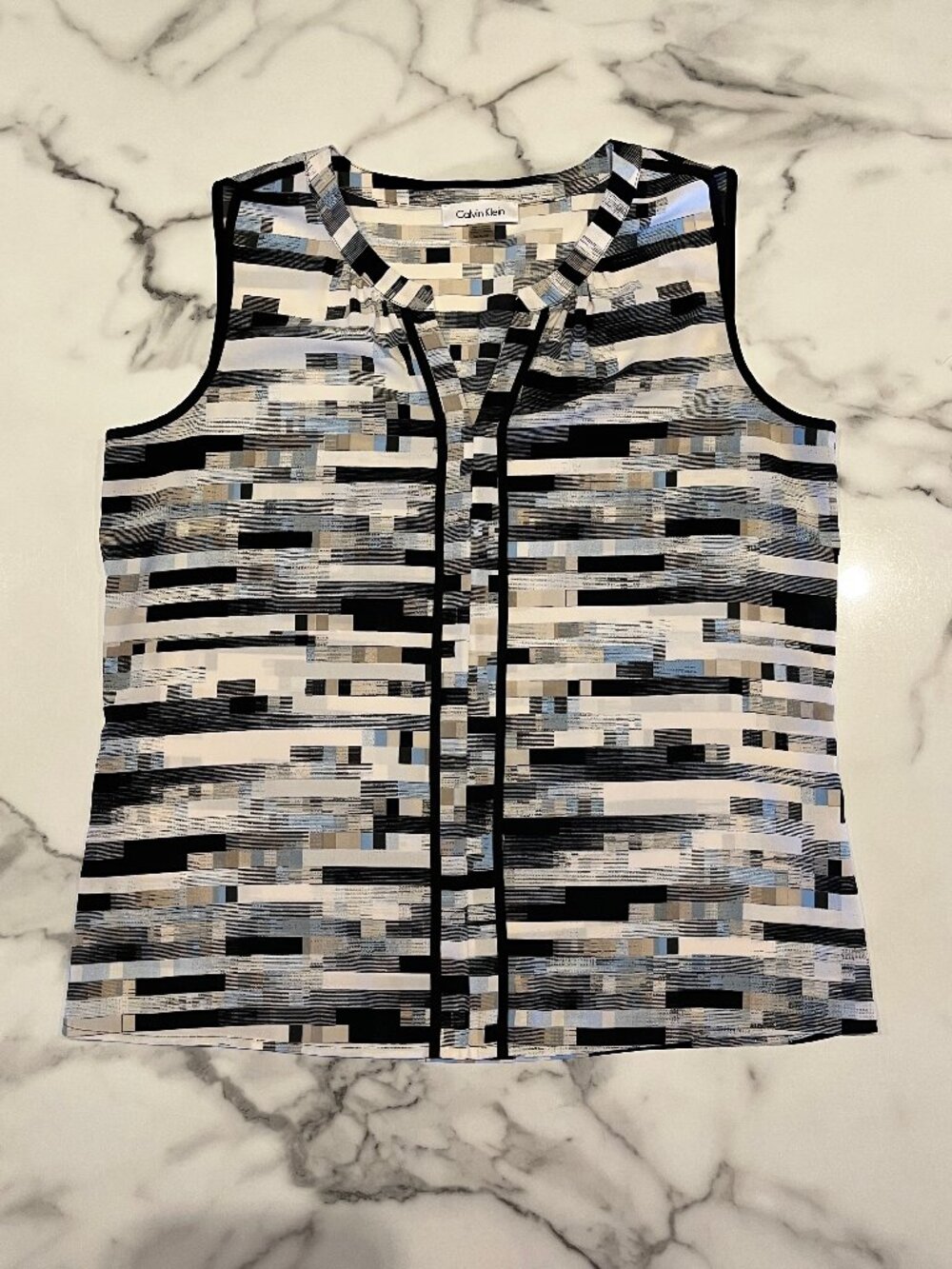 Calvin Klein Abstract Geometric Split V Neck sleveless Blouse - Medium